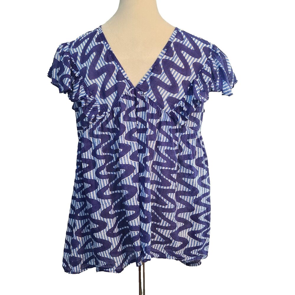 Oliphant Blue White Wave Stripe Flutter Sleeve Top Boho Coastal Tassel Tunic M - Picture 3 of 9